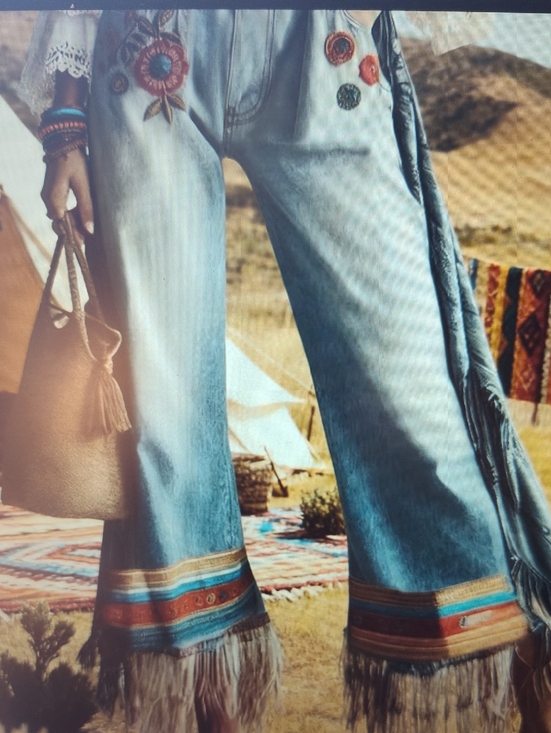 The Unbranded Brand Pants - Boho Embroidered  Light Wash Wide-Leg Pants w / Fringe Jean (Material Not Jean )